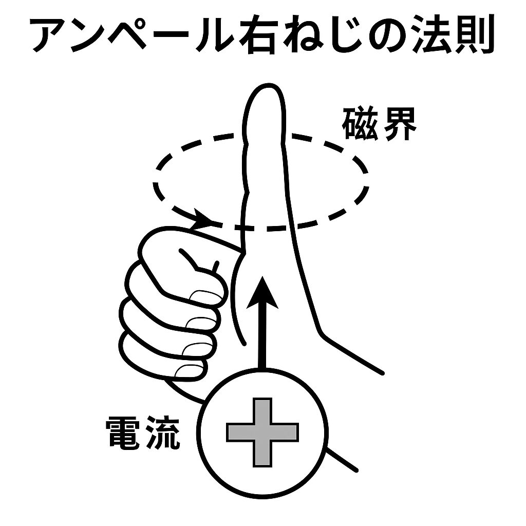 アンペール右ねじの法則です。電流の向きを親指に見立てると、他の4指は磁界の向きを示しています。