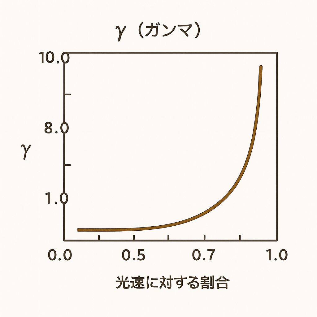 ローレンツ因子γの値を、光速に対する速度の割合(v/c)に応じてグラフにしたもの。 v/cが1に近づくと、γは急激に大きくなる(発散する)様子が描かれている。