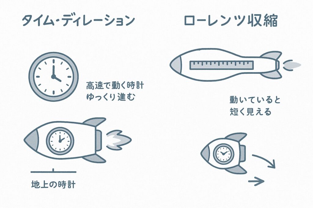 左側には「タイム・ディレーション(時間の遅れ)」の図があり、ロケットに取り付けた時計が地上の時計よりもゆっくり進んでいる様子が描かれている。 右側には「ローレンツ収縮」の図があり、静止時と比較して運動しているロケットが短く見える様子が示されている。