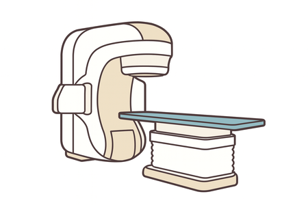 放射線治療に用いられるリニアック（直線加速器）のイラスト。左側に丸みを帯びた大型のガントリ、右側に水色の寝台が配置されている。背景や周辺機器は省略され、装置本体と寝台のみが簡略化されたデフォルメスタイルで描かれている。