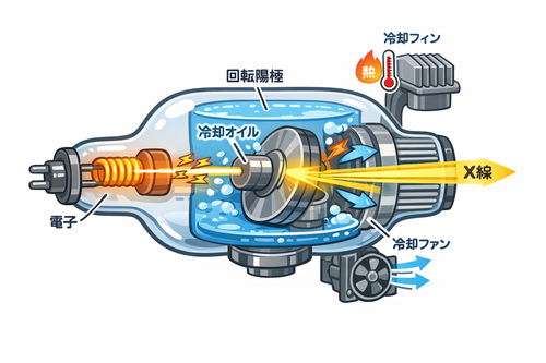 回転陽極型X線管球の内部構造をデフォルメしたイラスト。左側の陰極から電子が放出され、中央の回転陽極に衝突してX線が発生する様子を示している。陽極周囲には冷却オイルが配置され、外部には冷却ファンや冷却フィンが描かれ、X線発生時に生じる大量の熱を逃がす仕組みを視覚的に表現している。